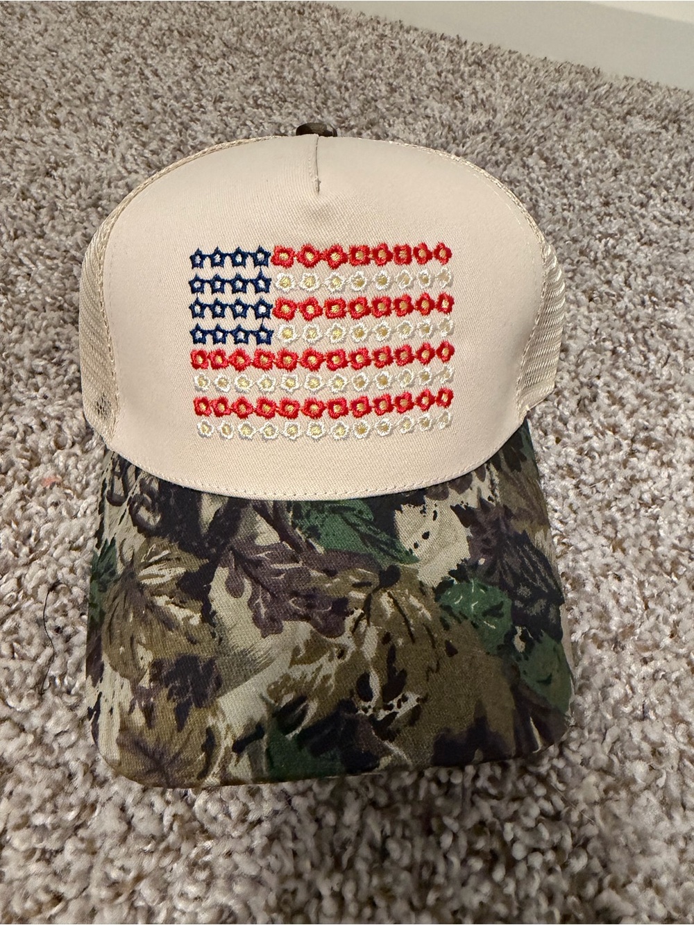 Zenana Outfitters Beige and Camo Trucker Hat with Embroidered Flag